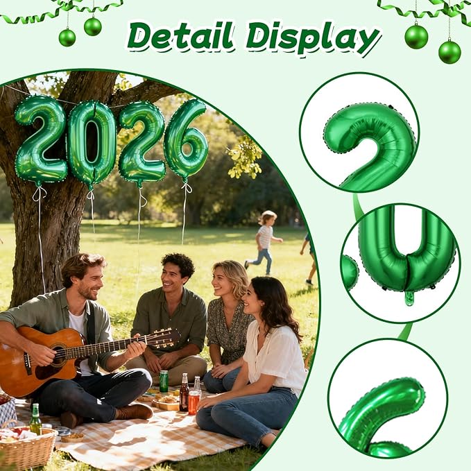Green 2026 Balloons, Jumbo 40 Inch Foil 2026 Number Balloons, Grad Balloons for Class of 2026 Graduation Party, Green Matellic Foil New Year Birthday Home Office Party Supplies