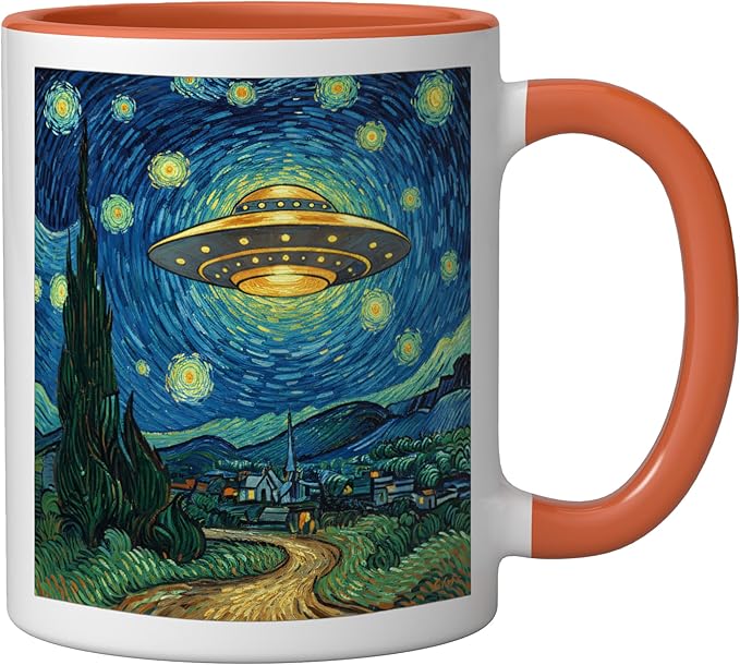Ufo Over Starry Night Van Gogh Style Sci Fi Saucer Art Ceramic Mug, Orange/White