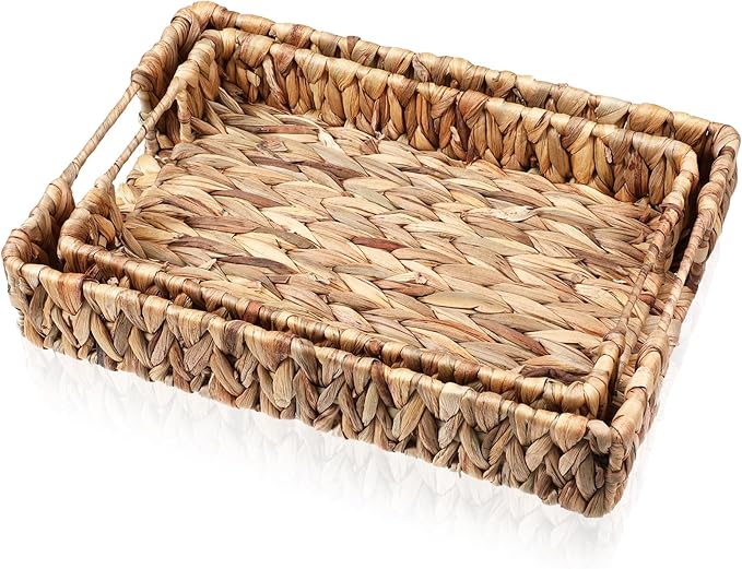 2 PCS Rattan Tray Rectangle Handwoven Weaving Basket Trays for Decor, Wicker Trays with Handles, Water Hyacinth Wicker Serving Tray for Storage Organizing Bathroom Home