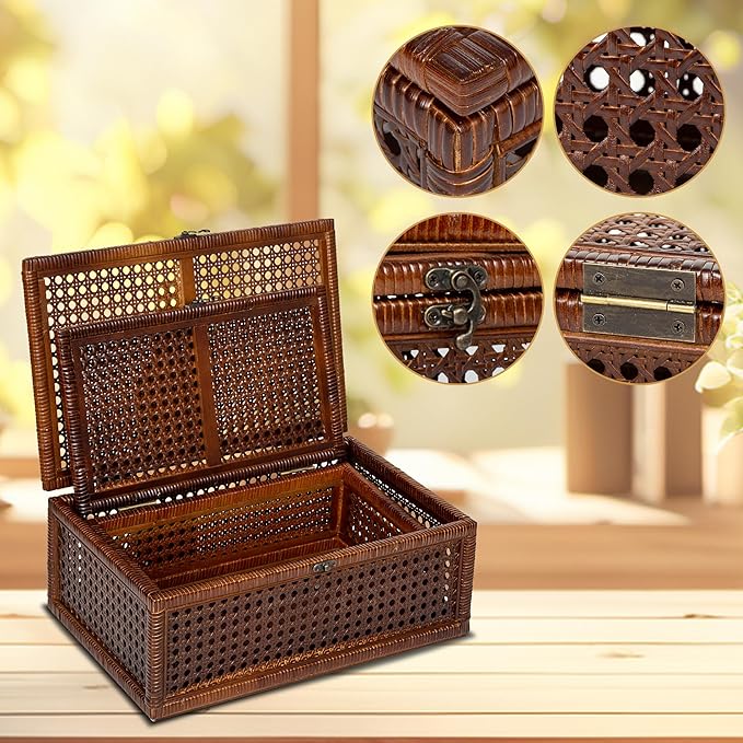 Handwoven Rattan Storage Boxes Set of 2, Decorative Wooden Wicker Chest with Lids and Latches, Vintage Boho Storage Trunks for Living Room, Bedroom, Home Decor