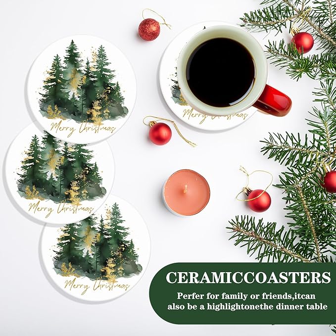 JarThenaAMCS 4Pcs Christmas Coasters Round Ceramic Drink Coaster Watercolor Xmas Pine Tree Cup Mat for Mugs Home Kitchen Farmhouse Table Protection