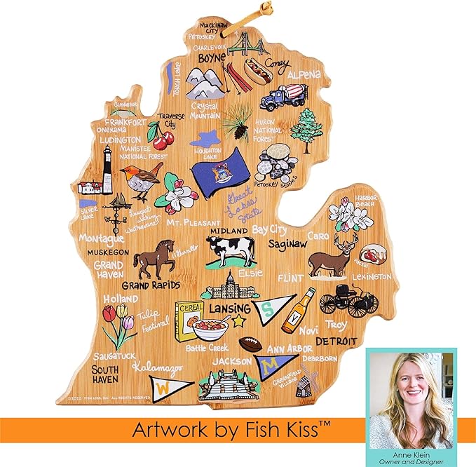 Totally Bamboo Michigan State Shaped Cutting Board and Charcuterie Serving Platter with Artwork by Fish Kiss, Includes Hang Tie for Wall Display