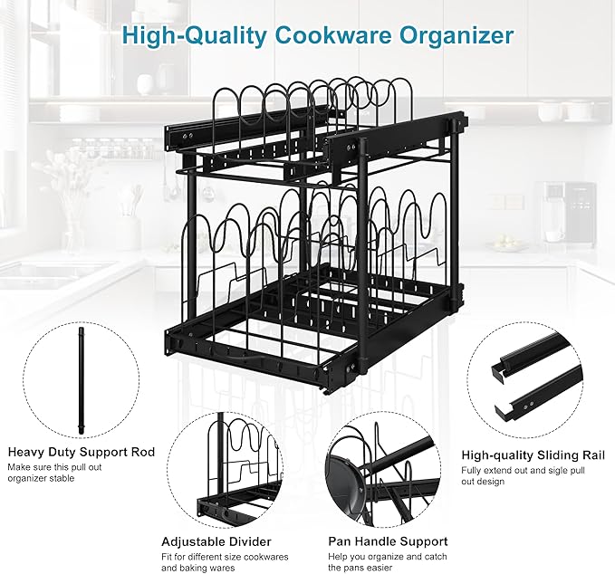 TQVAI Pots and Pans Organizer, Full-Extension Pull Out Cabinet Organizer, Slide Out Drawers for Kitchen Cabinets with Adjustable Dividers, Request at Least 15.5" W x 23.5" D x 23.5" H Opening - Black