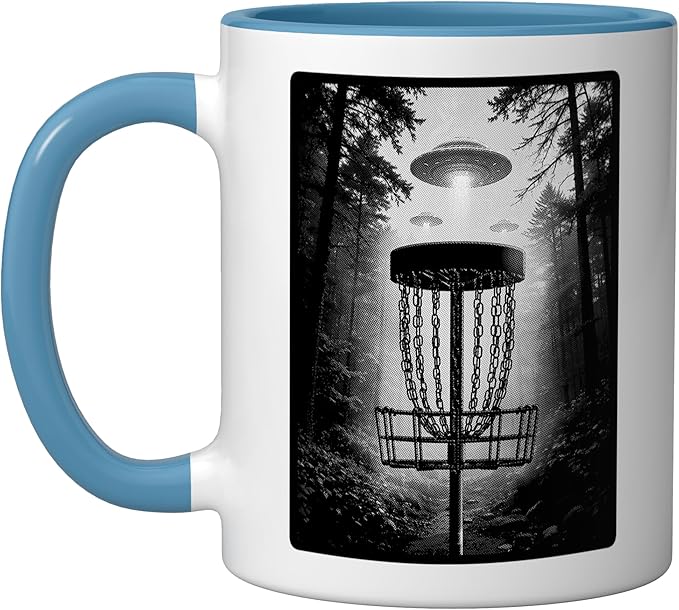 Disc Golf Basket UFO Selfie Funny Alien Wooded Hole Course Ceramic Mug, Blue/White