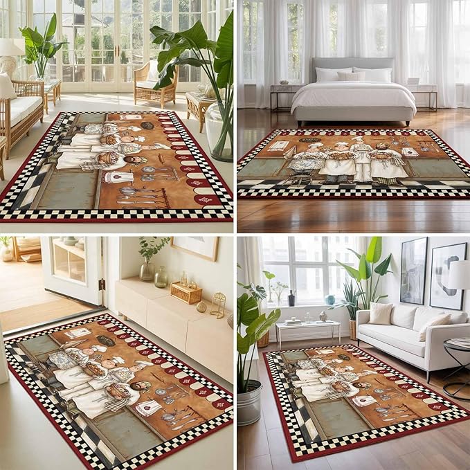Area Rug 9x12ft, Farmhouse Cartoon Chef Washable Rugs for Living Room Bedroom Rectangle Floor Carpet, Cooking Theme Black White Checkered Soft Non-Slip Area Rugs for Dining Room