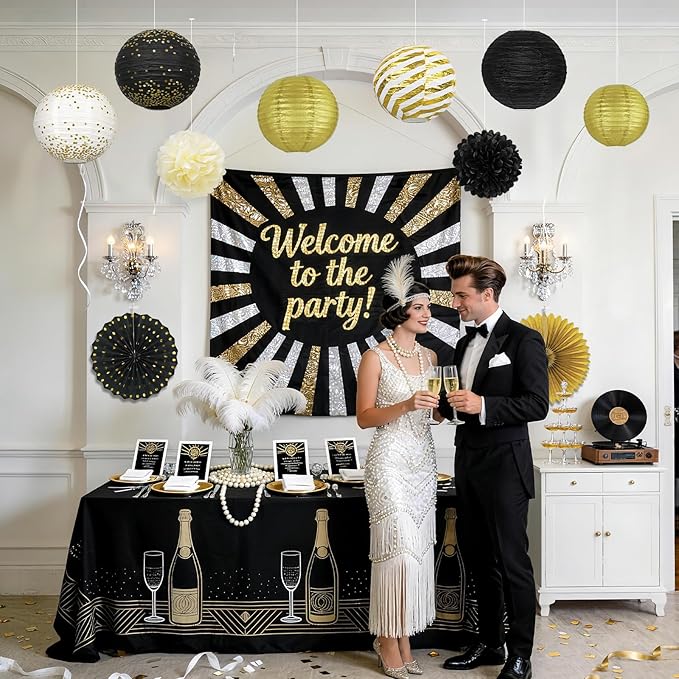 Black and Gold Party Decorations - 14Pcs Hanging Paper Lanterns Fans for Prom Decorations 2026, Graduation Party, Great Gatsby Theme, Men Women 40th 50th 60th Birthday Party Supplies