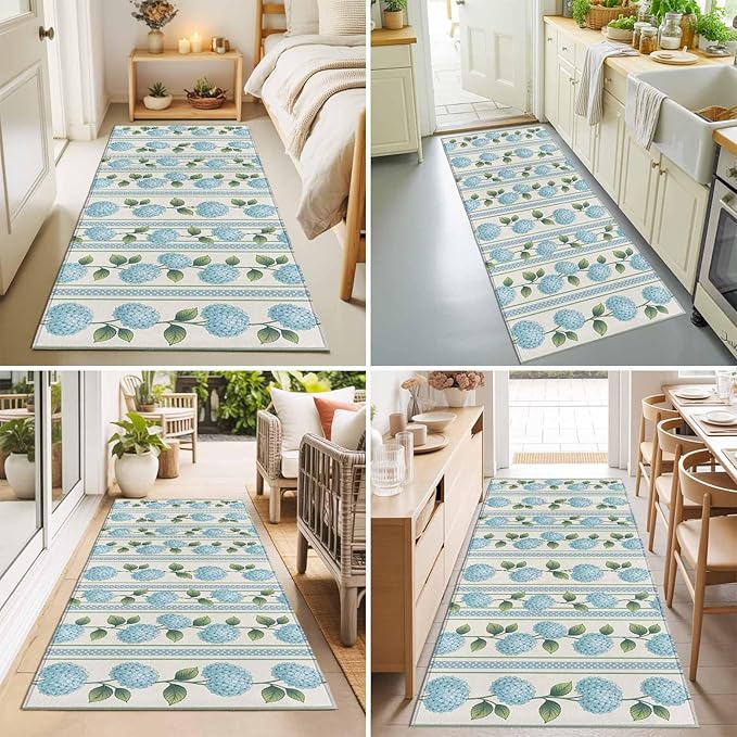 Runner Rug for Bedroom Hallway, Spring Blue Flower Hydrangea Leaf Kitchen Runner Rugs Area Rug 2x6ft, Floral Stripes on Linen Washable Soft Floor Carpet for Entryway Stair