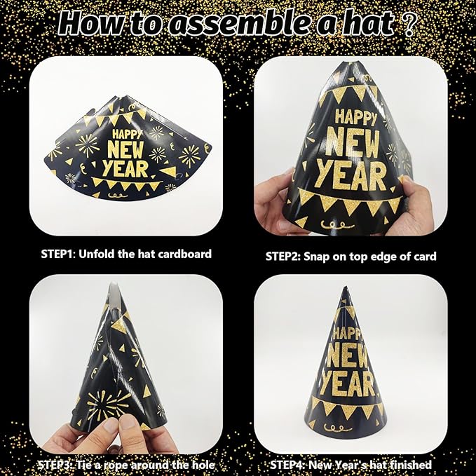 MEHOFOND Happy New Year Party Decoration Supplies 2026 Banner Fringe Curtains, Foil Balloon, Photo Booth Props, Hats, New Years Eve Black and Gold for Kids Adults Photography Kit