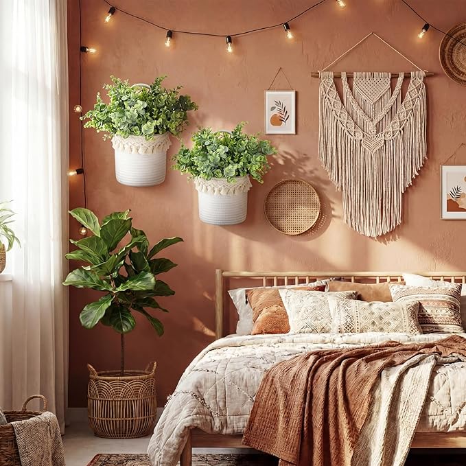 2 Pcs Hanging Cotton Rope Baskets with Tassels 4 Pcs Faux Eucalyptus Stems, Boho Wall Decor, White Woven Plant Basket with Artificial Eucalyptus Leaves for Bedroom, Farmhouse Home Decor