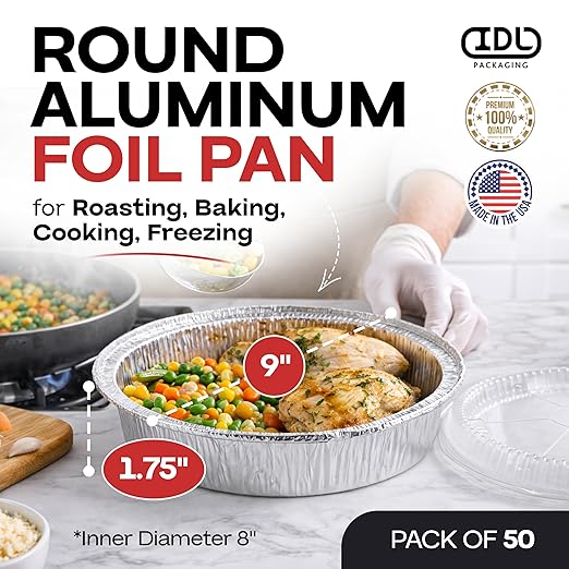 IDL Packaging 9" Round Aluminum Foil Pans (Pack of 50) - 1.75" Deep, Angled Walls - For Roasting, Baking, Cooking, Freezing - Disposable Aluminum Food Containers - Pie & Tart & Leftover