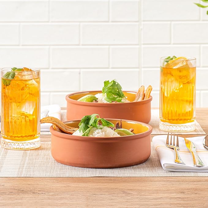 Restaurantware-Terra Tek 34 Ounce Terracotta Cazuelas, 2 Yellow Glazed Clay Pots For Cooking - Oven-Ready, Microwavable, Terracotta Serving Pots, Dishwashable, For Cooking And Serving