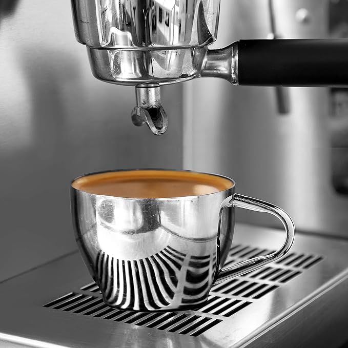 Oggi Insulated Coffee Cups 6oz - Saucer Included - Dual Wall Stainless Steel Technology Coffee or Tea Cup with Elegant Mirror Finish