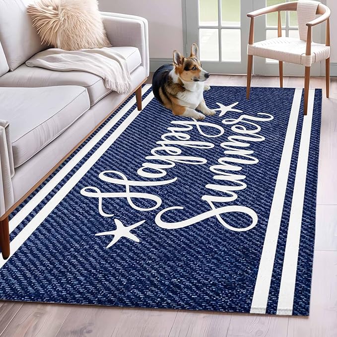 Area Rug 4x6ft, Happy Summer Quote Ocean Starfish Washable Rugs for Living Room Bedroom, Navy Blue Stripe Denim Texture Soft Non-Slip Area Rugs Rectangle Floor Carpet for Dining Room