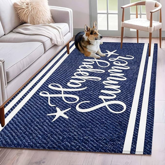Area Rug 4x6ft, Happy Summer Quote Ocean Starfish Washable Rugs for Living Room Bedroom, Navy Blue Stripe Denim Texture Soft Non-Slip Area Rugs Rectangle Floor Carpet for Dining Room
