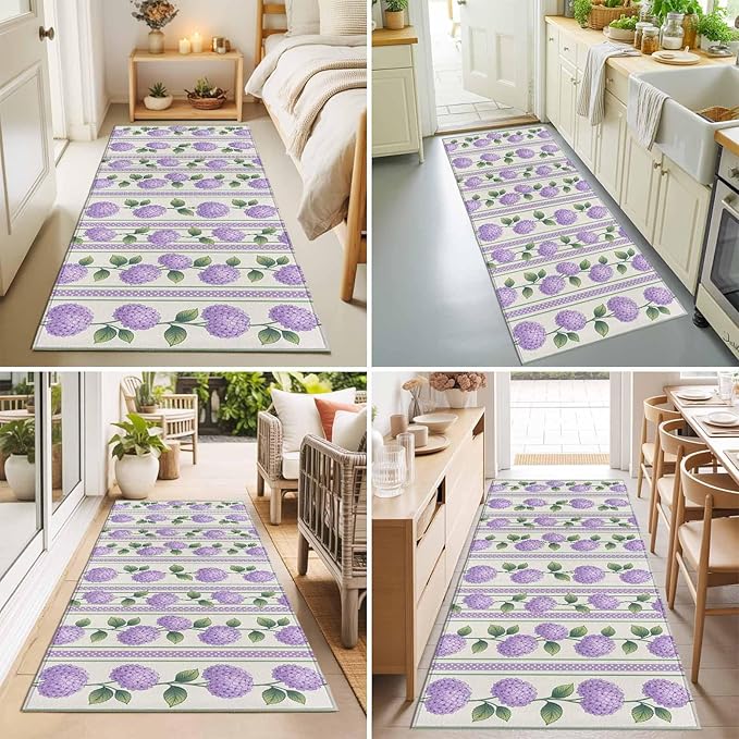 Runner Rug for Bedroom Hallway, Watercolor Hydrangea Flower Kitchen Runner Rugs Area Rug 2x6ft, Spring Floral Leaves on Linen Washable Soft Floor Carpet for Entryway Stair