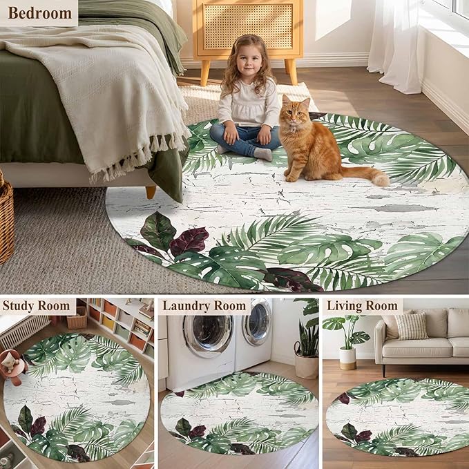 Washable Round Area Rug Summer Green Monstera Palm Leaves Circle Rugs Floor Carpet for Living Room Bedroom, Vintage Botantical Soft Non Slip Round Rug 3ft