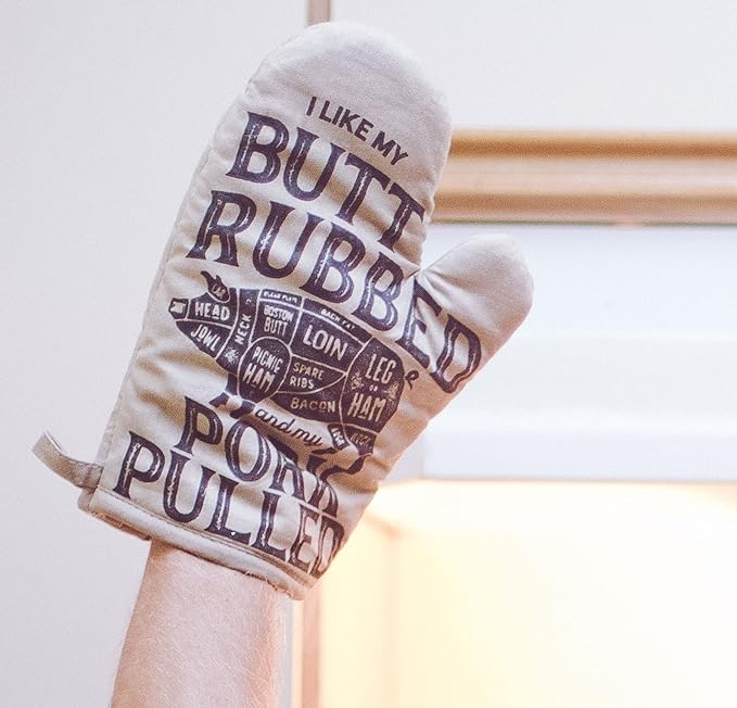 I Like My Butt Rubbed and My Pork Pulled Oven Mitt Funny BBQ Grilling Cookout Kitchen Glove Funny Graphic Kitchenwear Cool Food Novelty Cookware Grey Oven Mitt