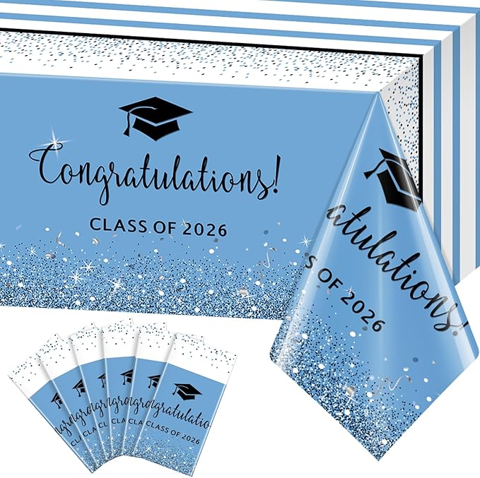 MASHAN 6 Pack Class of 2026 Graduation Tablecloths,Foil Dot Plastic Disposable Rectangle Table Covers for 2026 High School University College Graduation Party Decorations,108 * 54 Inch (Light Blue)