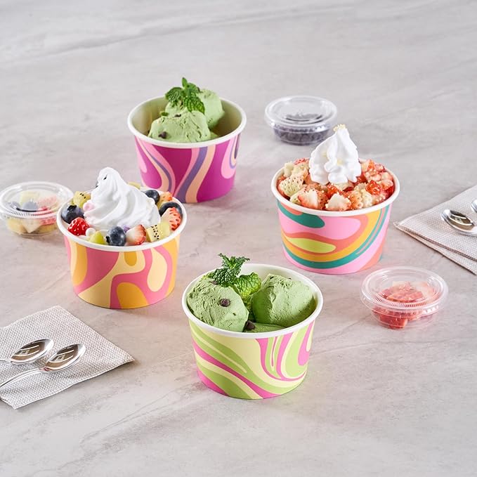 Restaurantware Ice Cream Cups 200 Pack of 8 oz Leak-Resistant Disposable Dessert Bowl Frozen Yogurt Cup Round Paper Container For Cold And Hot Desserts