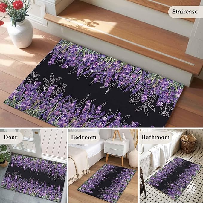 Area Rug 2x3ft, Spring Purple Lavender Flower Washable Rugs for Living Room Bedroom, Watercolor Floral on Black Soft Non-Slip Area Rugs Rectangle Floor Carpet for Dining Room