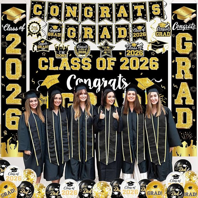 Graduation Decorations Class of 2026 - Black and Gold Graduation Party Supplies Include Backdrop, Banner, Hanging Swirls, Porch Sign, Balloons for Congrats Grad Decorations