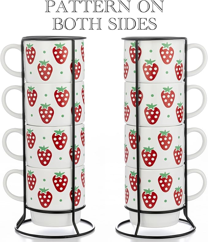 Signature Housewares Stackable Coffee Mug Tower Set with Metal Wire Rack - 15 Ounce Coffee Mugs for Coffee, Tea, Cocoa, Milk, Cappuccino, Hot Chocolate Set of 4 - Strawberry Pattern