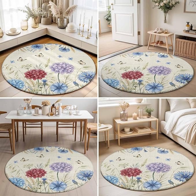 Washable Round Area Rug Spring Watercolor Garden Flower Circle Rugs Floor Carpet for Living Room Bedroom, Hydrangea Floral on Burlap Soft Non Slip Round Rug 5ft