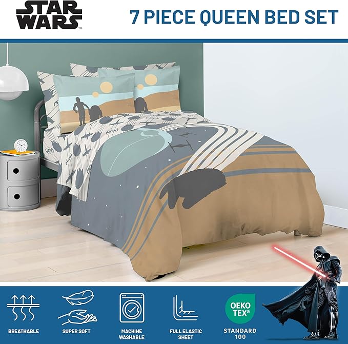 Jay Franco Star Wars Queen Size Comforter Set - 7 Piece Bedding Includes Sheet Set & Pillow Covers - Super Soft Cozy Bedding with Death Star and Millennium Falcon