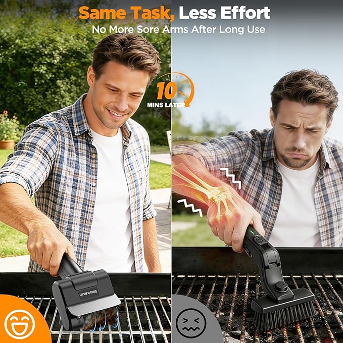 Electric Grill Brush with Dual Safety Lock - 2026 TikTok Ideal Gift for Men Dad Husband, Professional BBQ Cleaner with Submersible 304 SS Head, Splash-Proof Scrubber for Grill (Orange Button)