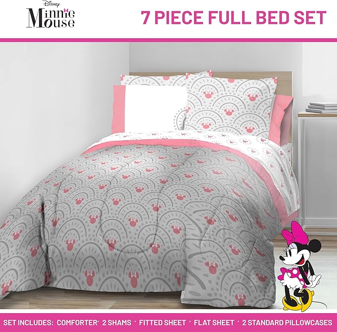 Disney Minnie Mouse Full Sized Comforter Set - 7 Piece Bedding Includes Sheet Set & Pillow Covers - Super Soft Cozy Pink Mandala Bedding