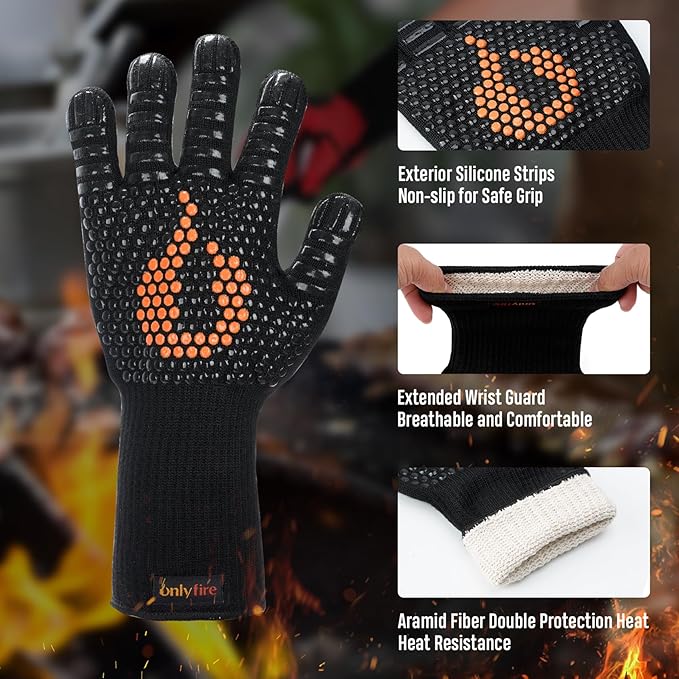 onlyfire Cooking Chef Apron with Pockets, 1472°F Heat Resistant Grill Gloves and Cleaning Cloth for Cooking, Grilling, Barbecue, Smoker, Baking, Frying, Kitchen Tools BBQ Accessories