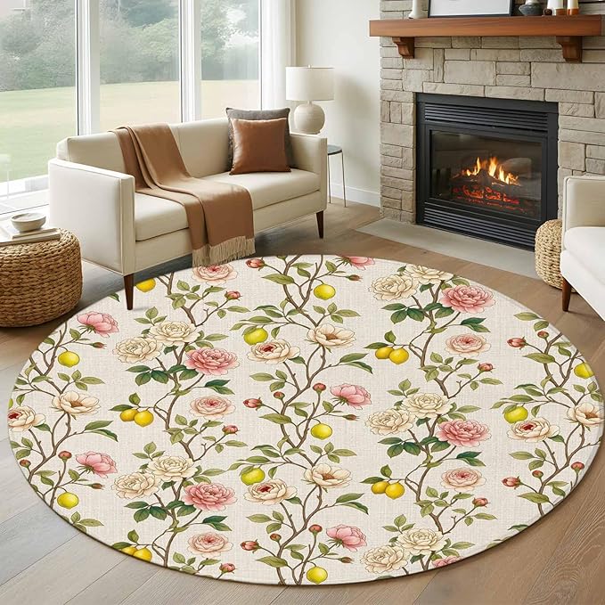 Washable Round Area Rug Farmhouse Blossom Flower Leaf Lemon Circle Rugs Floor Carpet for Living Room Bedroom, Summer Retro Floral Fruit Soft Non Slip Round Rug 5ft