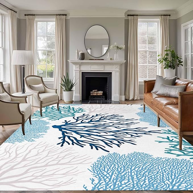 Area Rug 6x9ft, Classic Sea Blue Coral Washable Rugs for Living Room Bedroom, Abstract Marine Life Scenery Soft Non-Slip Area Rugs Rectangle Floor Carpet for Dining Room