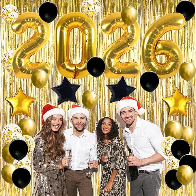 JOJO FLY New Years Eve Party Decorations Kit, Gold 2026 Balloons, Black and Gold Balloons Set, Gold Foil Curtain, Graduation Decorations, New Years Eve Party Supplies 2026