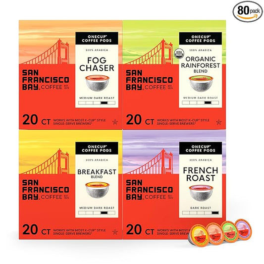 San Francisco Bay K-Cup Coffee Pods Favorite Four Variety Pack (80 ct), Includes French Roast, Fog Chaser, Organic Rainforest, & Breakfast Blend, Commercially Compostable Single-Serve Coffee Pods