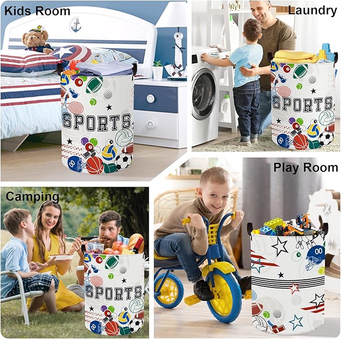 Sports Balls Baby Laundry Hamper Collapsible Clothes Kids Storage Basket Large Boys Gift Toy Box Bin for Play Room, White, 63L