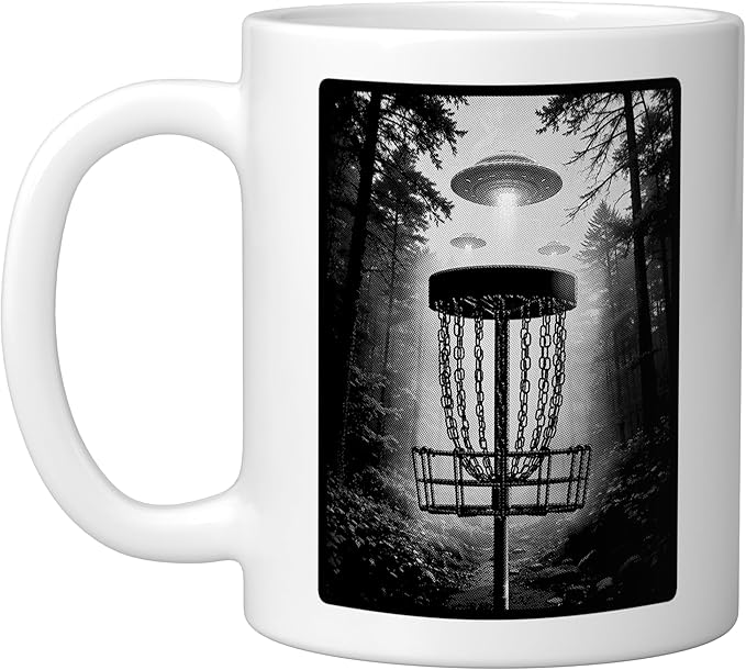 Disc Golf Basket UFO Selfie Funny Alien Wooded Hole Course Ceramic Mug, White