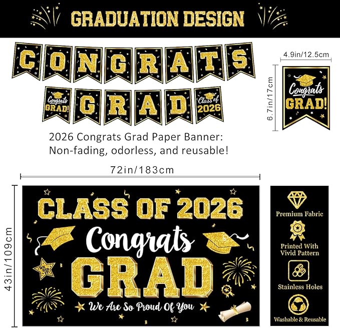 Graduation Decorations Class of 2026 - Black and Gold Graduation Party Supplies Include Backdrop, Banner, Hanging Swirls, Porch Sign, Balloons for Congrats Grad Decorations
