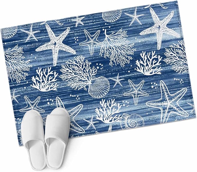 Navy Blue Coastal 2x3 Door Mat Rug, Ocean Coral Starfish Non-Skid Rubber Backing Large Rectangle Rugs - Living Room Bedroom Home Office, Summer Beach Indoor Floor Mat Carpets Washable Rug