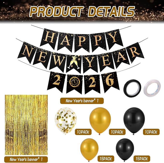 New Years Eve Party Supplies 2026, New Years Decorations Backdrop Banner 2026 Balloons Fringe Curtains Foil Balloons Swirls for NYE Party Backdrop Decor