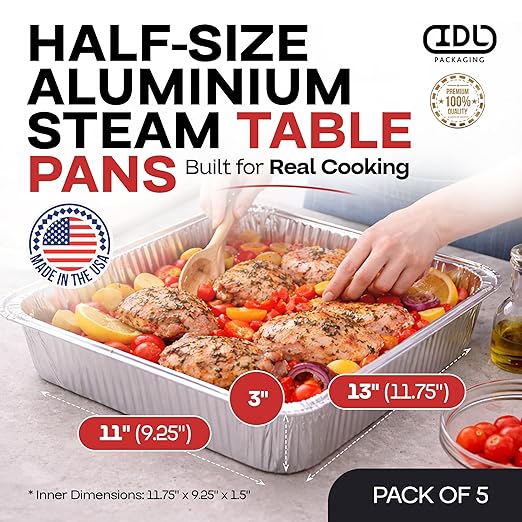 IDL Packaging Half-Size Aluminum Steam Table Pans - Deep, 13" x 11" x 3" (Pack of 5) - Disposable Foil Pan for Grilling, Roasting, BBQ, Cooking, Baking, Freezing