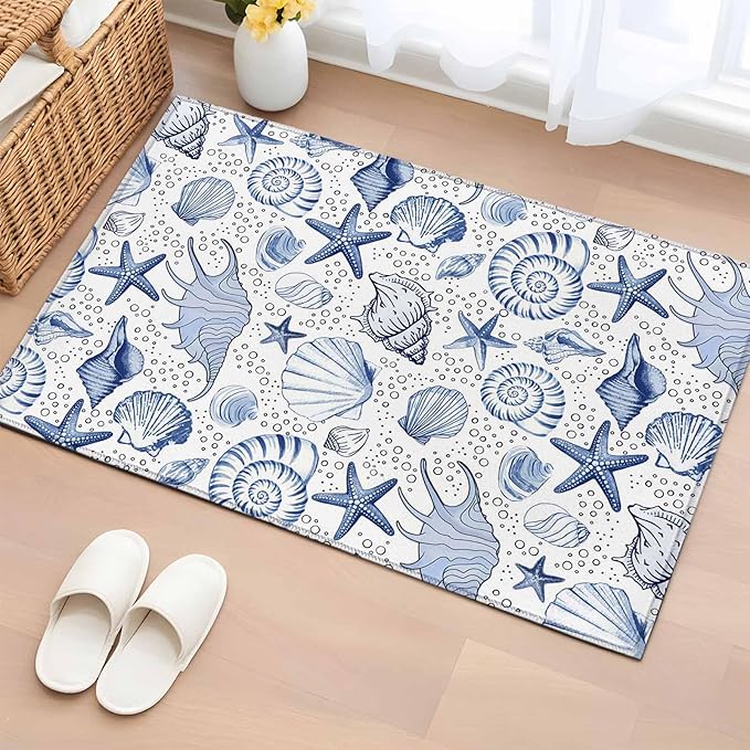 Area Rug 2x3ft, Navy Blue Starfish Conch Shell Seamless Washable Rugs for Living Room Bedroom, Summer Ocean Bubbles Soft Non-Slip Area Rugs Rectangle Floor Carpet for Dining Room