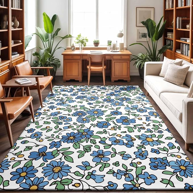 Area Rug 8x10ft, Blue Tiny Flowers Green Leaves Washable Rugs for Living Room Bedroom, Farmhouse Botanical Soft Non-Slip Area Rugs Rectangle Floor Carpet for Dining Room