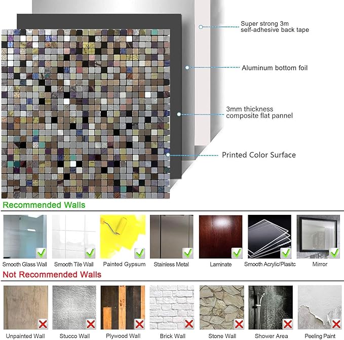10 Sheets Peel and Stick Backsplash Tile, Self-Adhesive Mosaic Tile, Stick on Kitchen, Bathroom Vanities, Fireplace Décor, Laundry Table (10, Mixed-1)