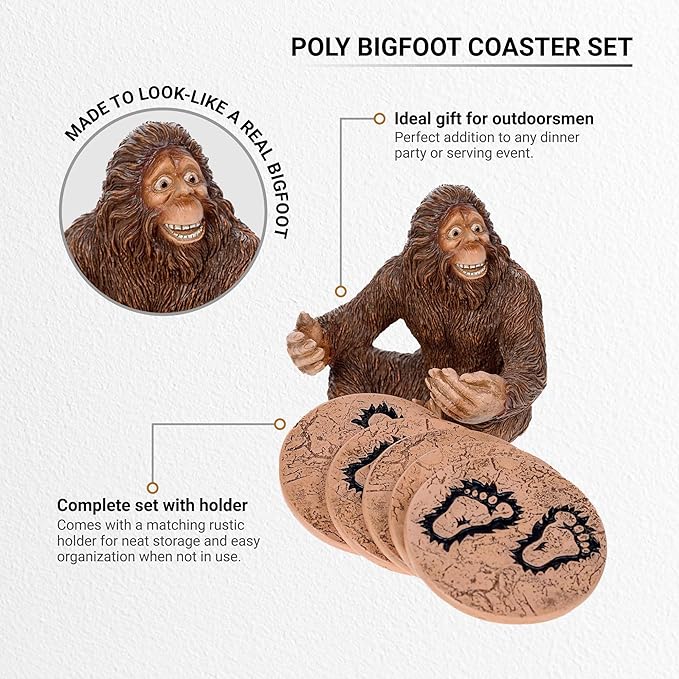 Pine Ridge Rustic Chic Drink Coaster Set with Holder for The Man Cave Old West Decor Rustic Hunter Cabin Theme Cabin Dining Furniture Gun Gifts for Men (Bigfoot Sasquatch Brown)