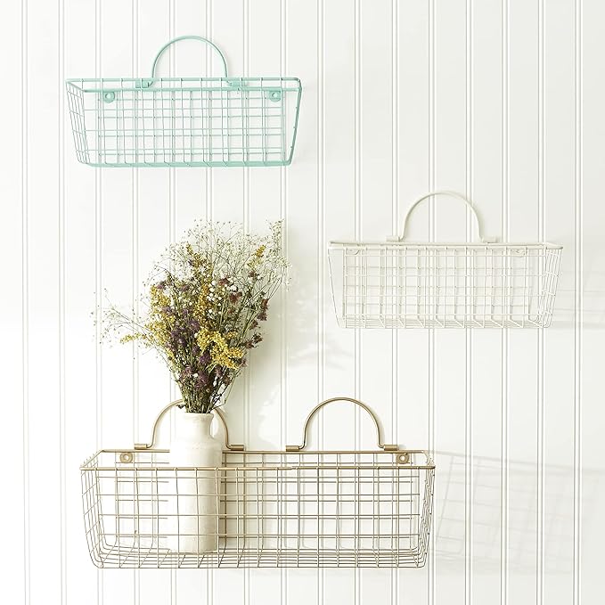DII Farmhouse Vintage Decor, Wire Wall Basket, Assorted, Aqua, 2 Piece