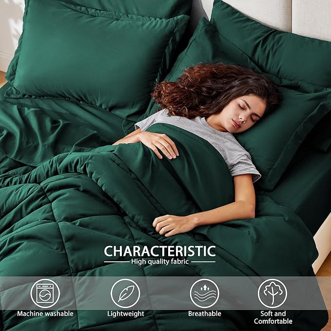 Love's cabin Twin Comforter Set Dark Green, 5 Pieces Twin Bed in a Bag, All Season Bedding Sets with 1 Comforter, 1 Flat Sheet, 1 Fitted Sheet, 1 Pillowcase and 1 Pillow Sham | Soft, Breathable, Lightweight, Comfortable