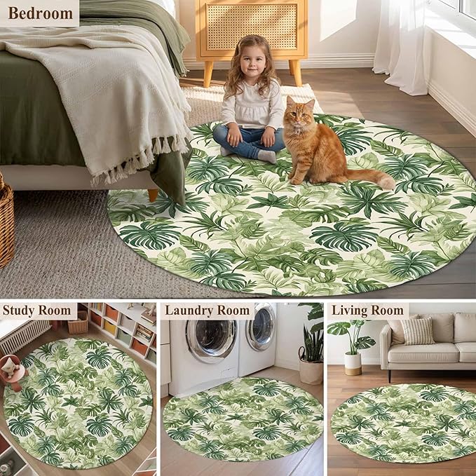 Washable Round Area Rug Green Palm Leaf Watercolor Circle Rugs Floor Carpet for Living Room Bedroom, Summer Tropical Leaves Soft Non Slip Round Rug 4ft