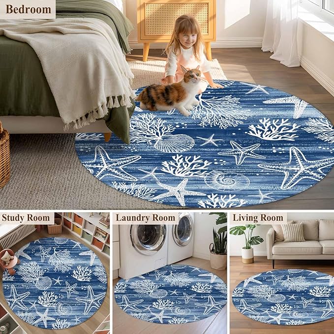 Navy Blue Coastal 5ft Round Rug, Ocean Coral Starfish Non-Skid Rubber Backing Large Area Rugs - Living Room Bedroom Home Office, Summer Beach Indoor Floor Mat Carpets Washable Rug