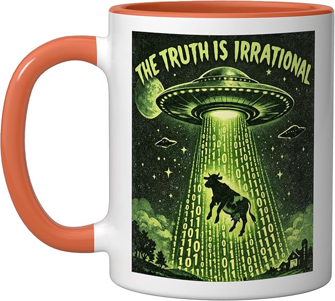 UFO The Truth Is Irrational Cow Abduction 3.14 Math Pi Day Ceramic Mug, Orange/White